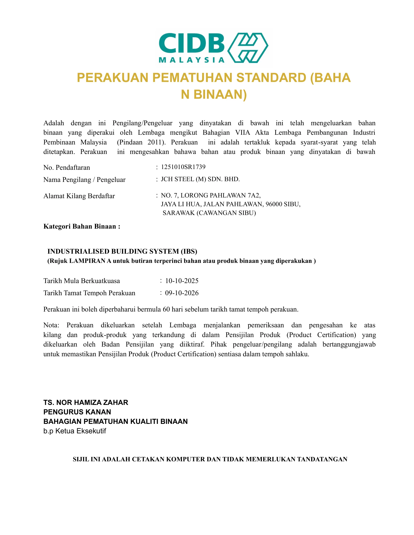 CIDB PPS Industrialised Building System certificate