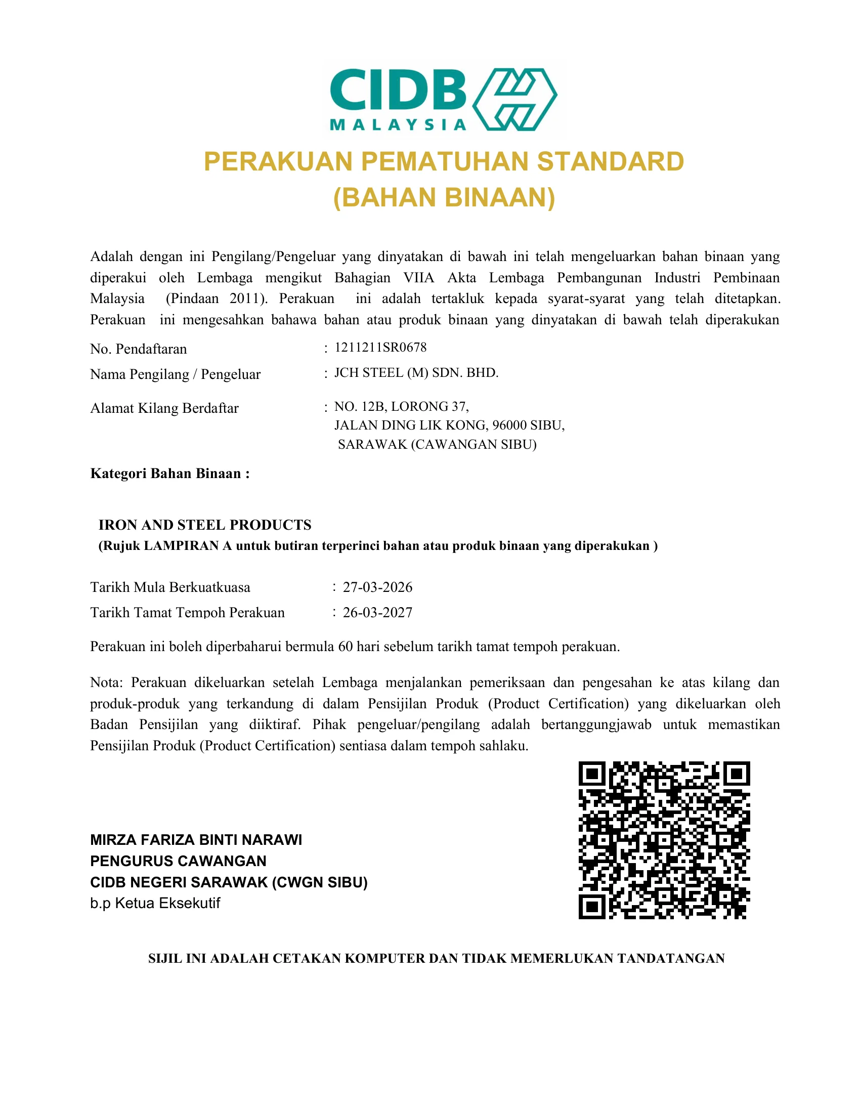CIDB PPS Iron and Steel Products (Roofing) certificate
