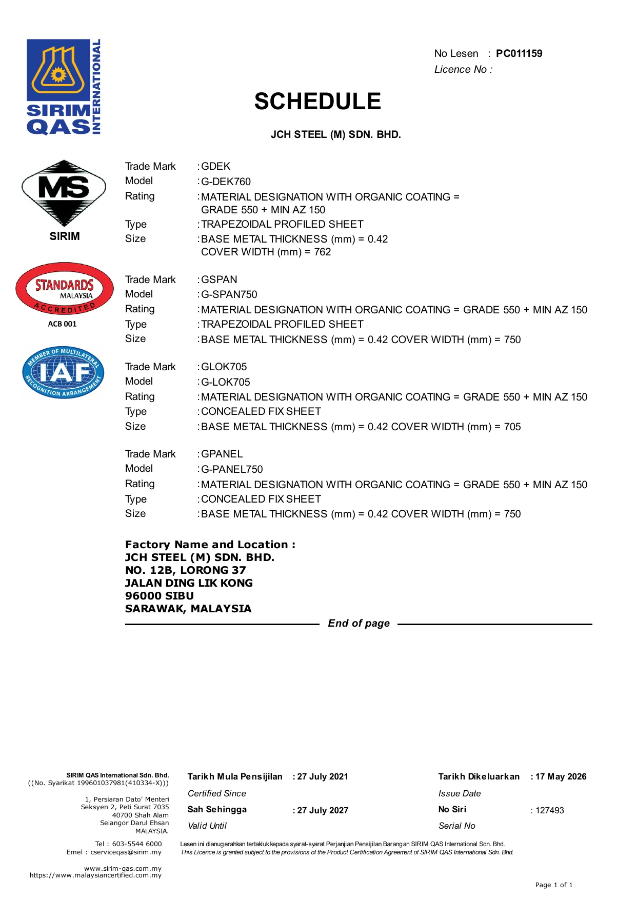 SIRIM Product Certification Licence Schedule