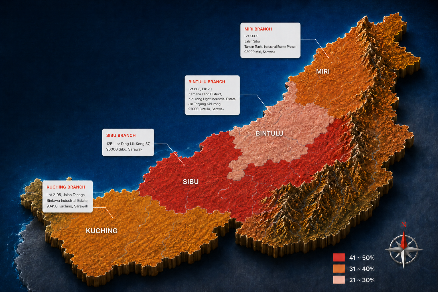 Map of JCH Steel branch coverage across Sarawak — Sibu, Miri, Bintulu and Kuching